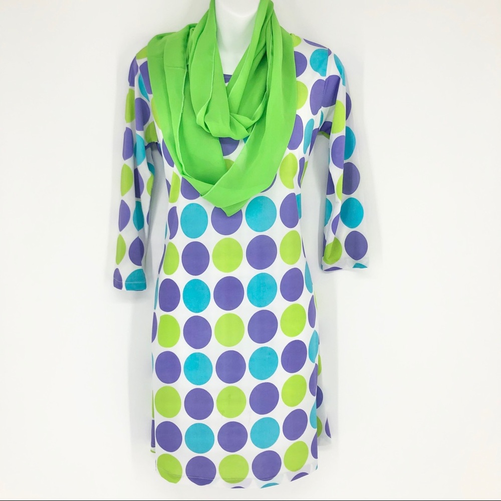 Vintage S Purple/Green Polka Dot Dress w/ Scarf